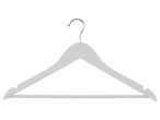 A white wooden clothes hanger with a silver hook.