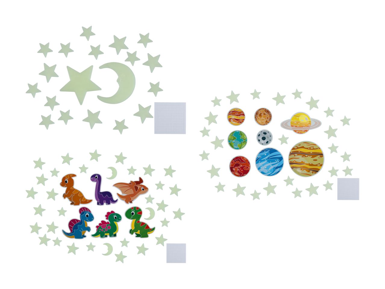 Leuchtende Wandaufkleber mit Raumfahrt- und Dinosauriermotiven für Kinderzimmer.