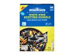 Microwaveable white wine Scottish mussels, 900g, with nutritional information.