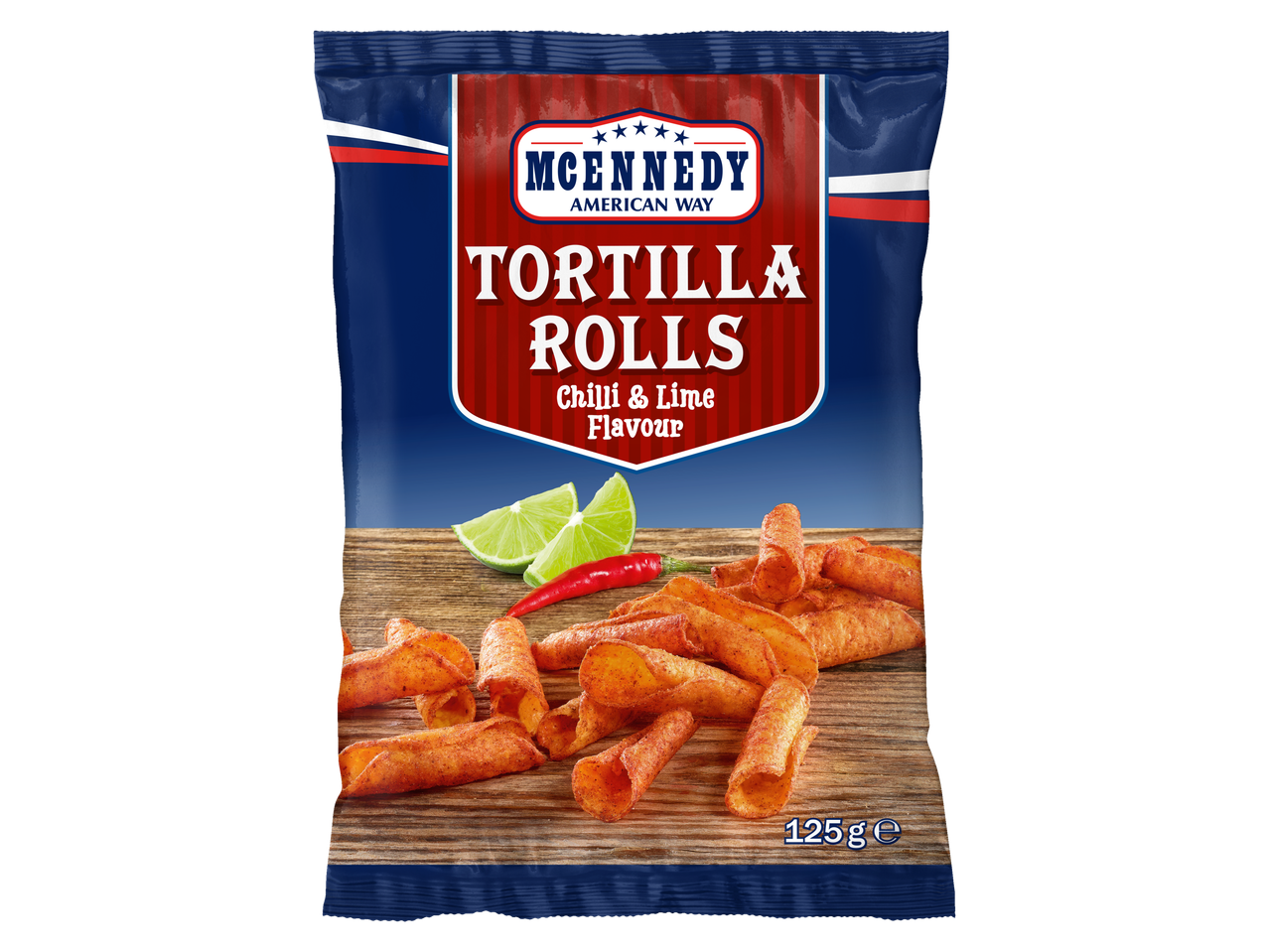 McKennedy's Tortilla Rolls met chili en limoensmaak, 125g.