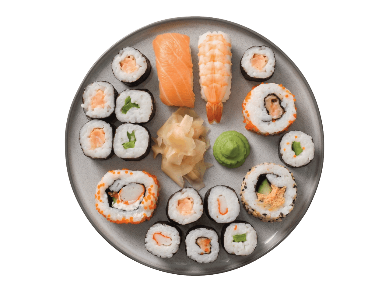 Valik sushit, sealhulgas nigiri lõhe ja krevettidega, maki rullid ja ingver.