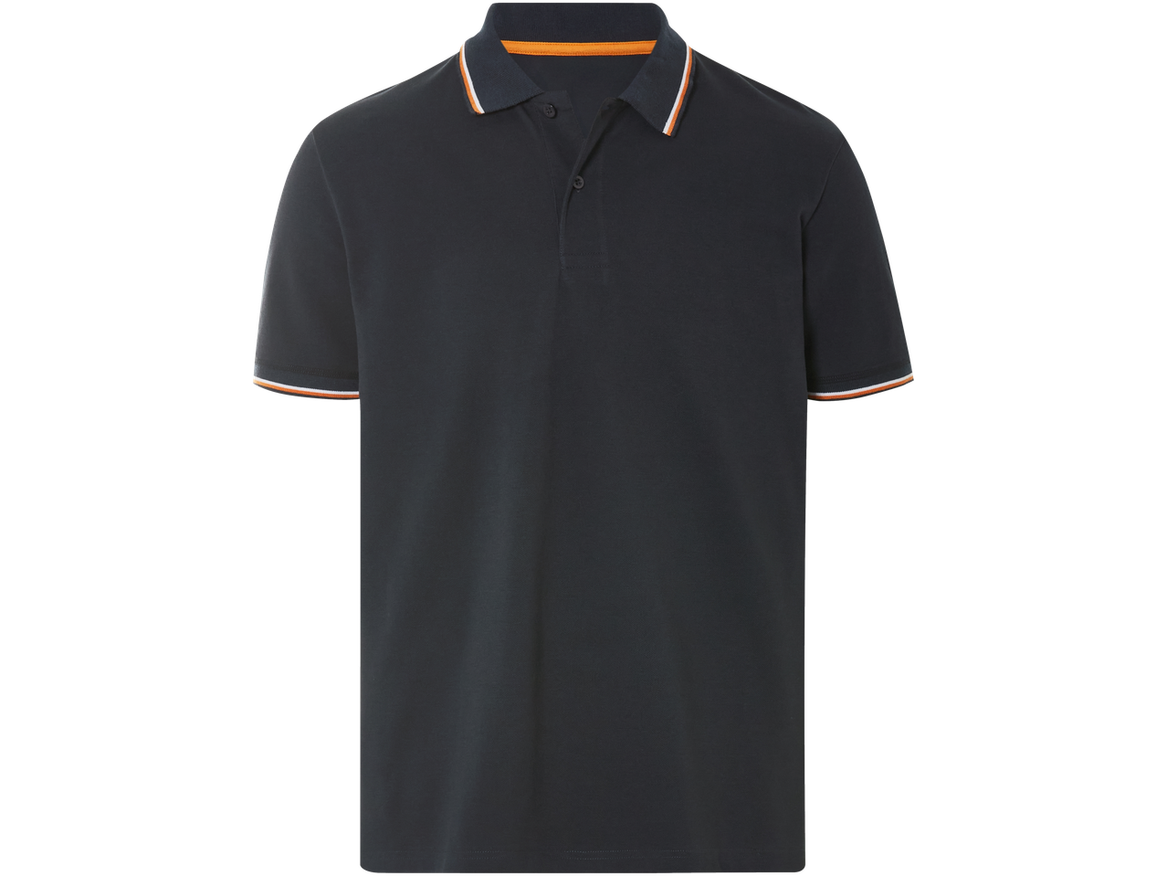 Temno modri polo majica z oranžnim in belim robom.