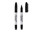 Two black Sharpie Twin Tip permanent markers and one cap.