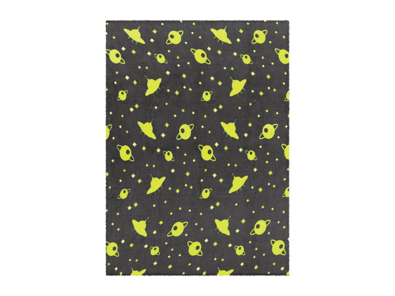 Dark gray blanket with glow-in-the-dark alien and planet patterns.