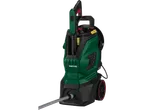Parkside® pressure washer, green and black, with wheels and hose.