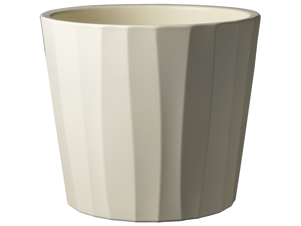 Cream-colored faceted ceramic pot or mug on a black background.