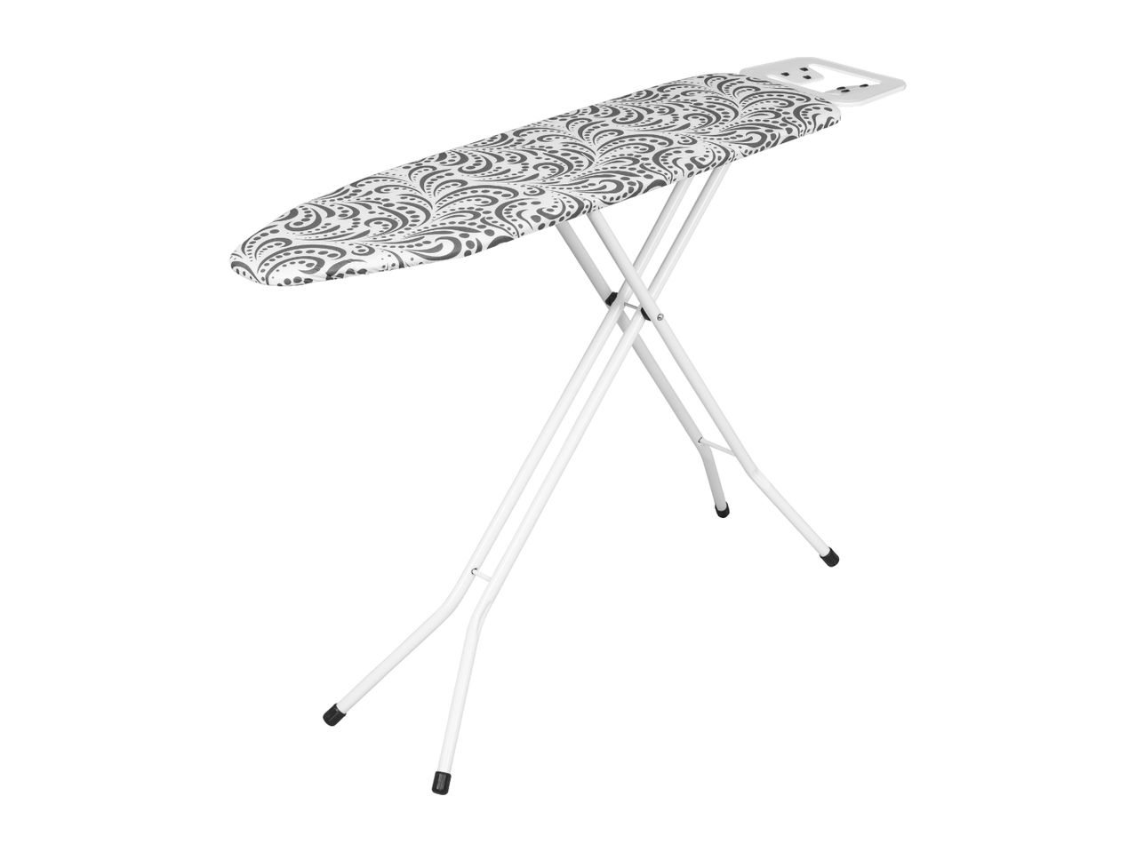 Ironing board with a grey patterned cover and white metal legs