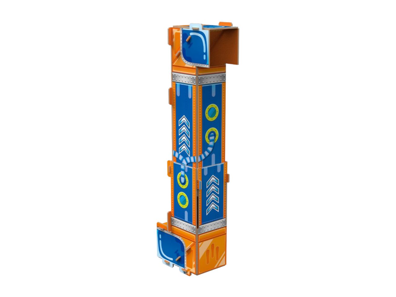 A blue and orange toy marble run tower with arrows and circles.