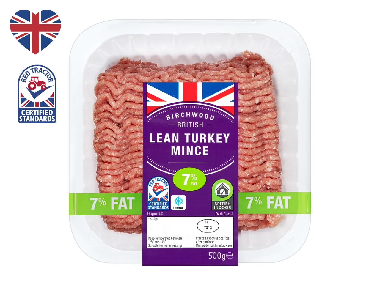 Birchwood lean turkey mince, 7% fat, Red Tractor certified.