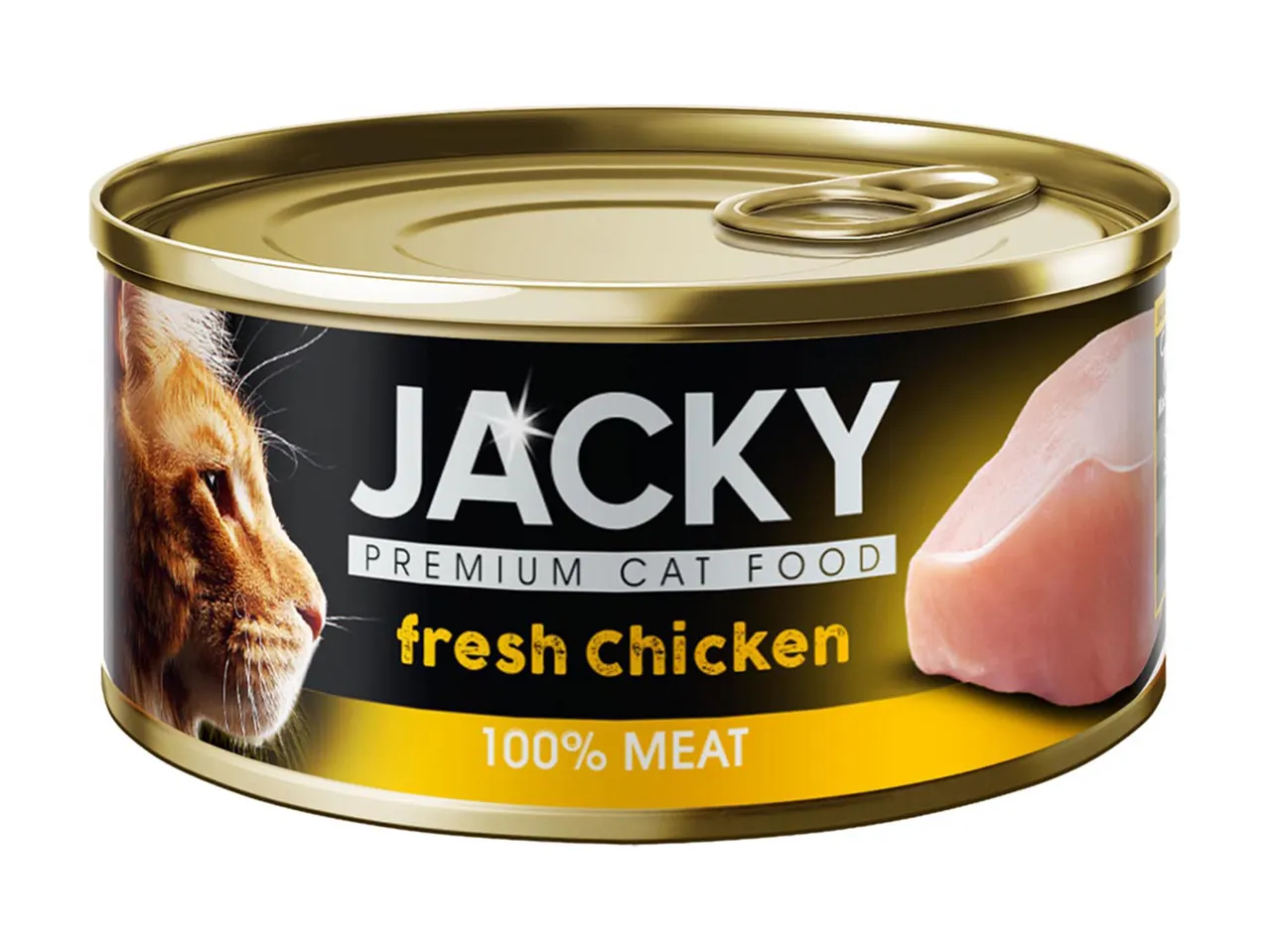 Jacky prémium macskaeledel friss csirkével, 100% hústartalommal, konzervdobozban.