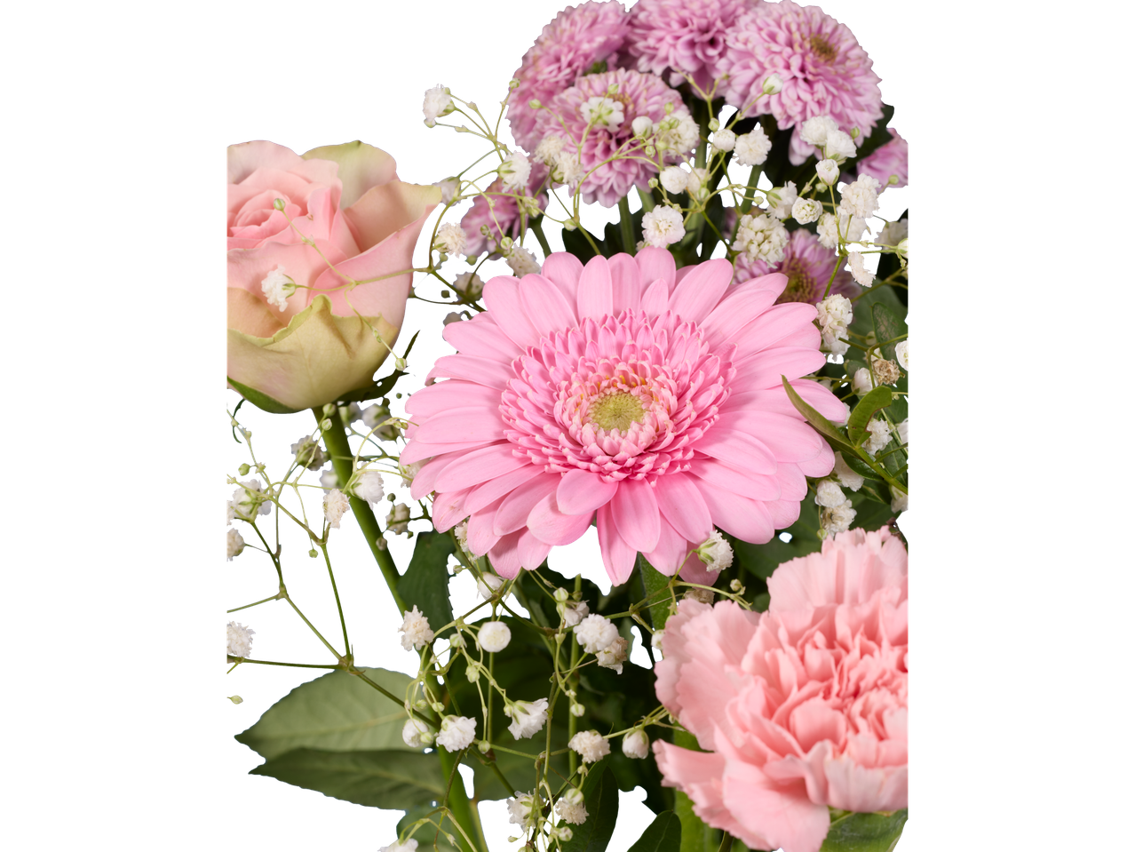Gerberas, rosas e cravos rosas.