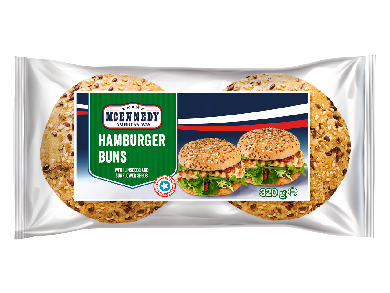 Paquet de pains à hamburger aux graines de lin et de tournesol, 320g.