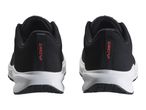 Pair of black and white sports shoes with red text on the heel.