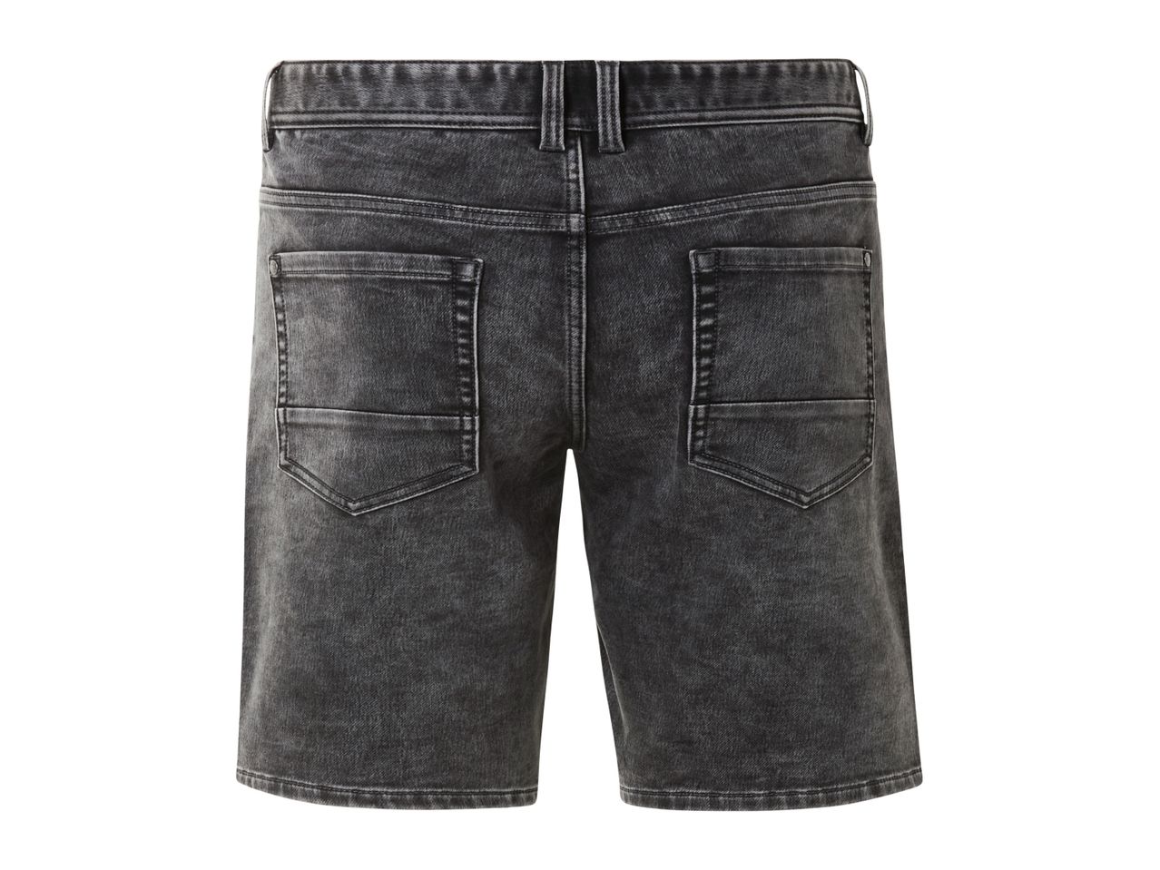 Dark gray denim shorts with back pockets.