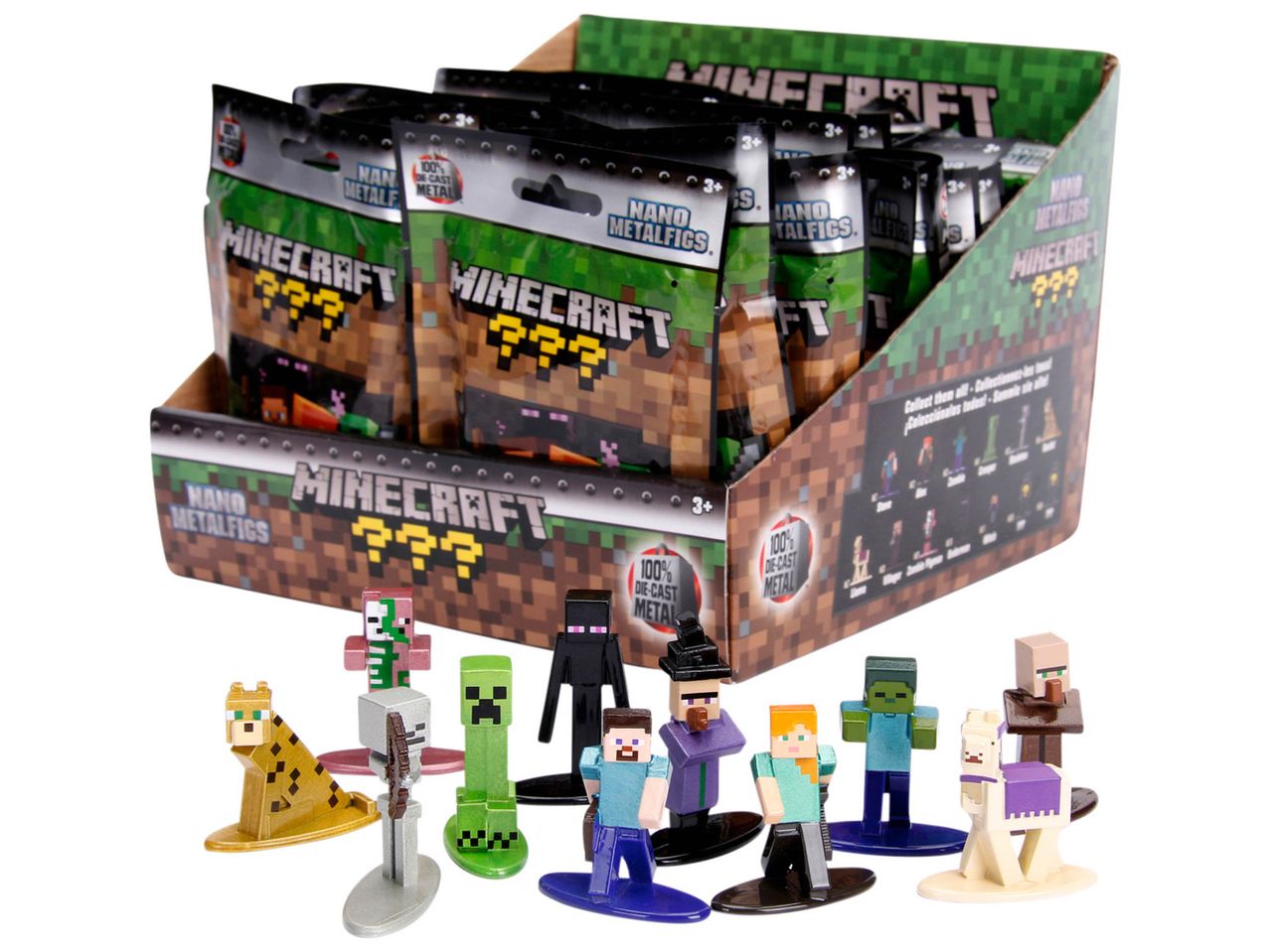 Minecraft Nano Metalfigs display box with various character figurines.
