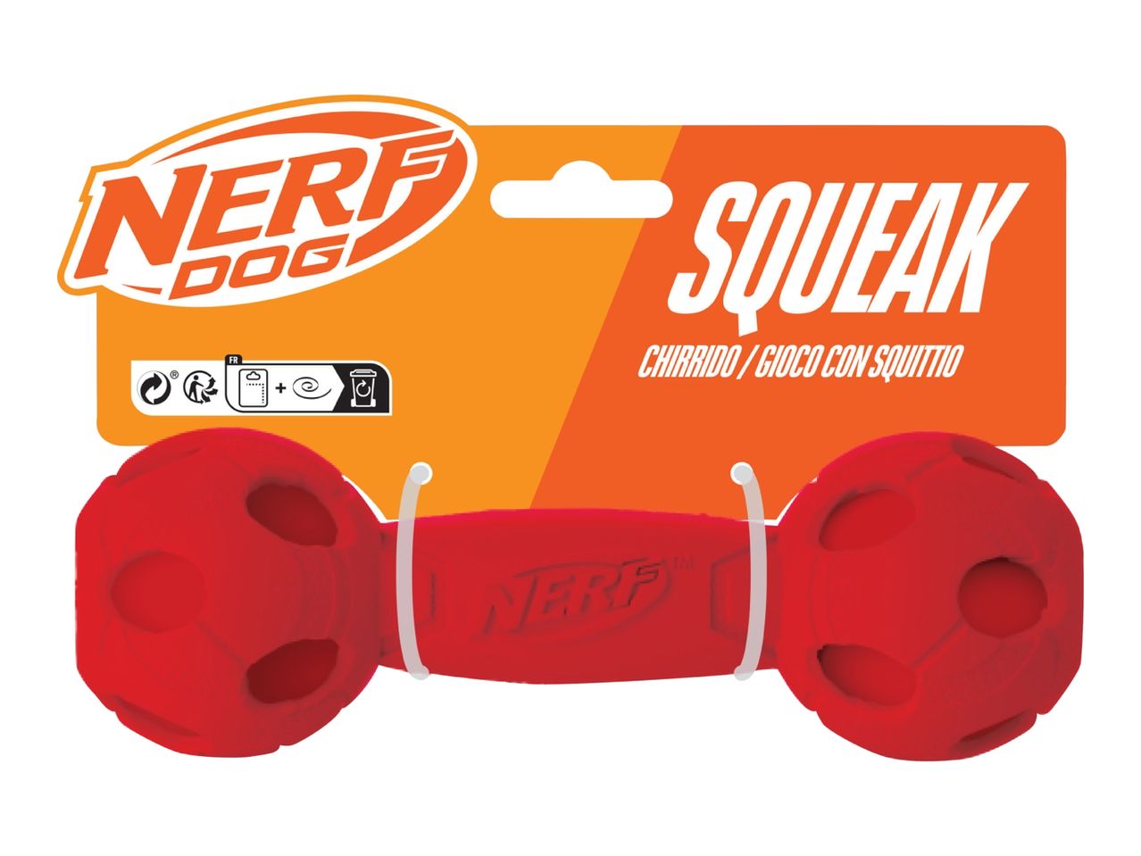 Nerf Dog Squeak dumbbell dog toy in red.