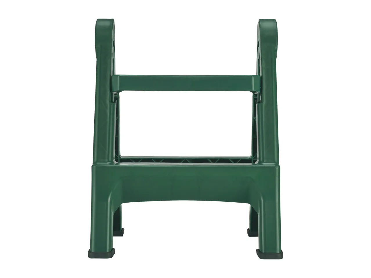 Green plastic step stool with two steps and a handle, isolated on a white background.