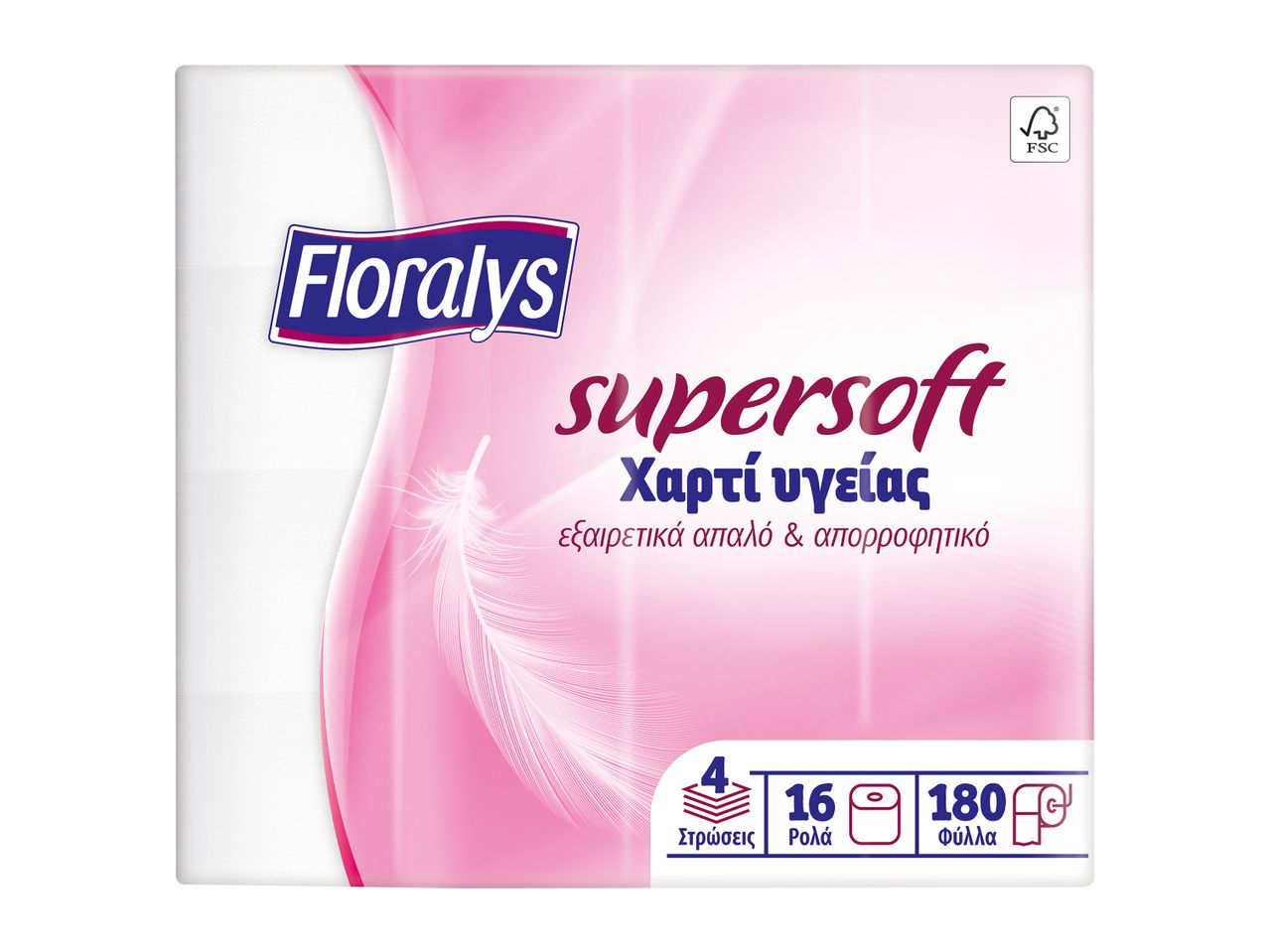 Χαρτί υγείας Floralys Supersoft, 16 ρολά, 180 φύλλα.