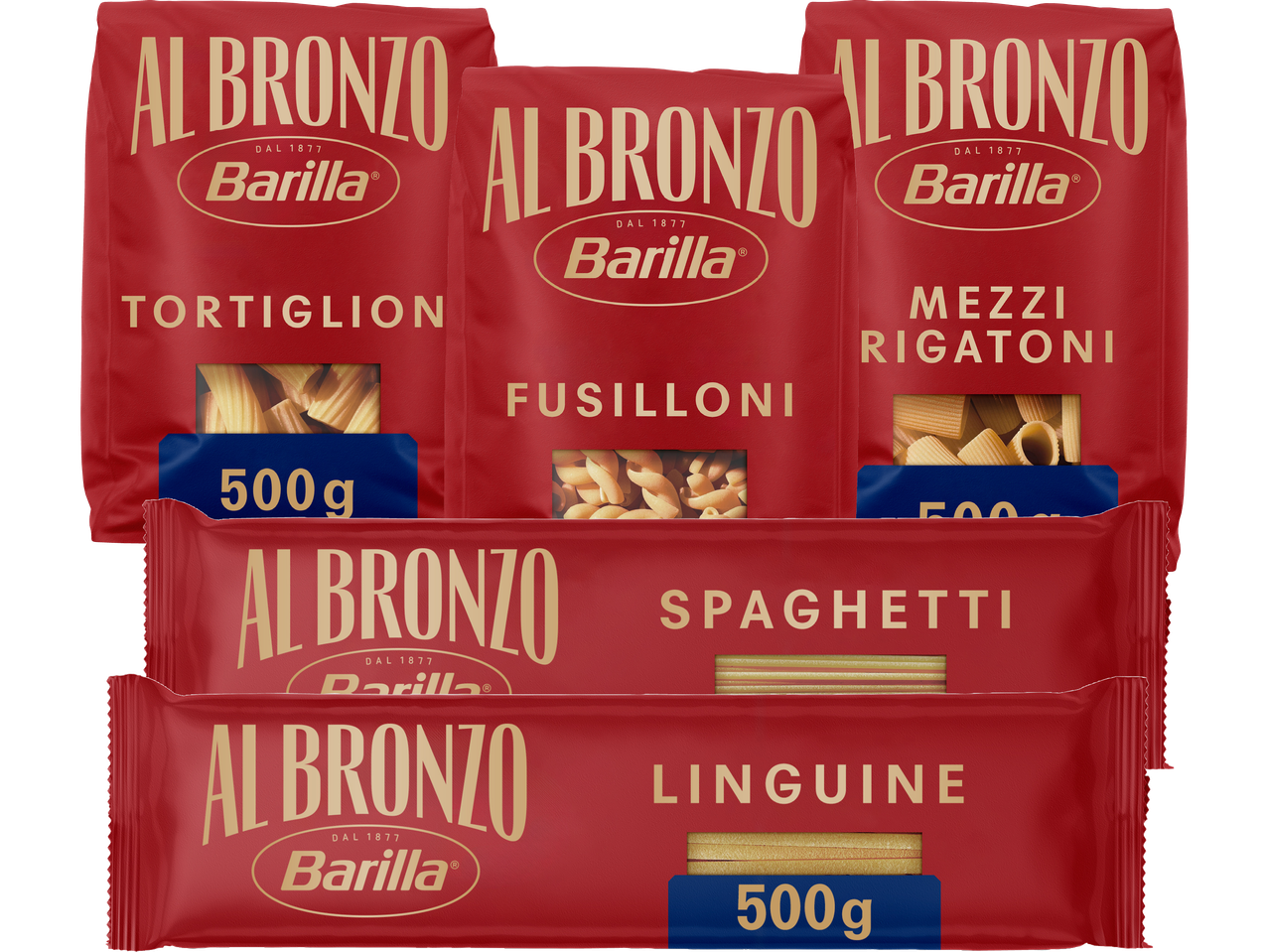 Barillas Al Bronzo pasta-sortiment: Tortiglion, Fusilli, Mezzi Rigatoni, Spaghetti och Linguine.