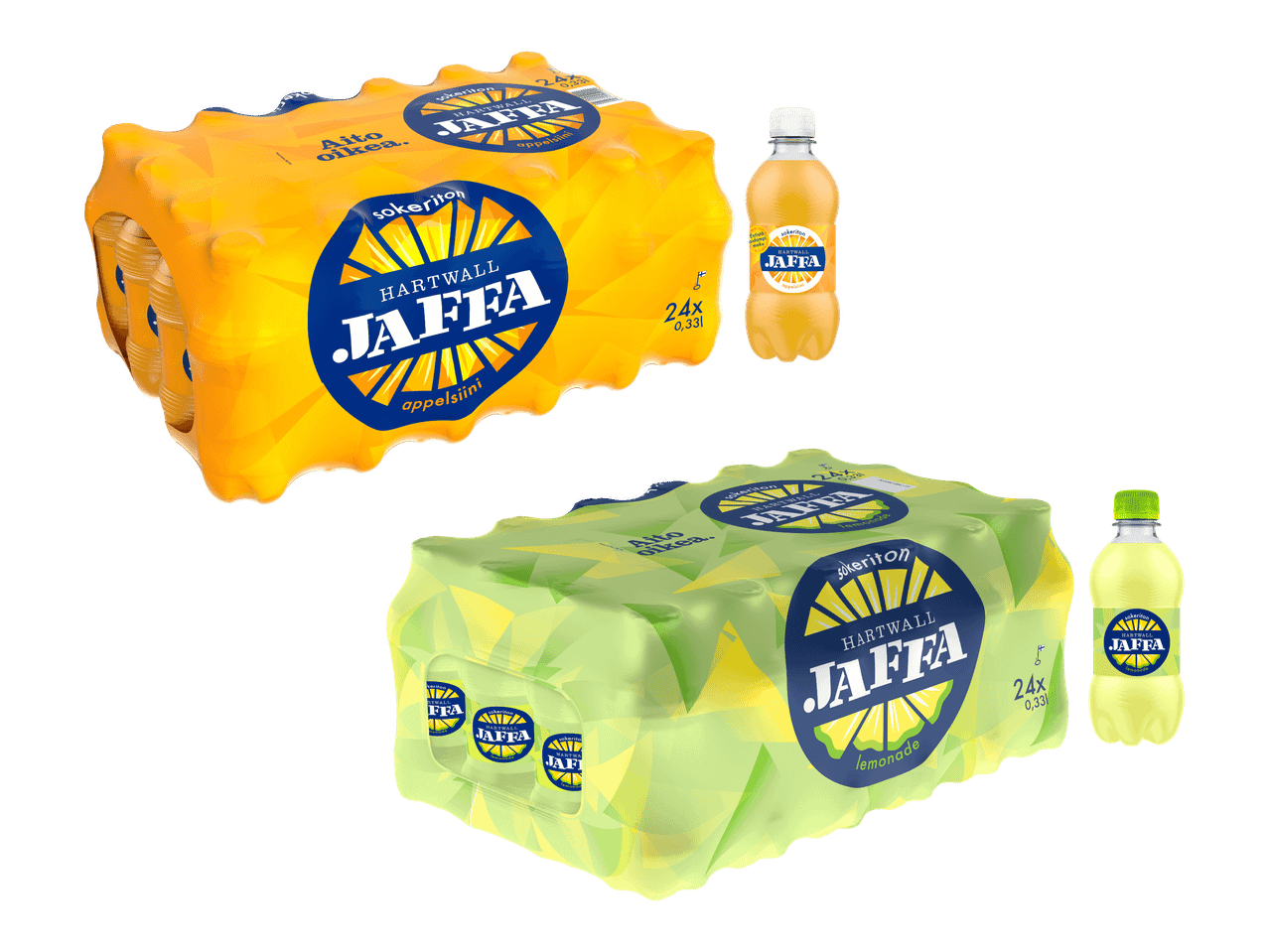 Kaksi 24 pullon pakkausta sokeritonta appelsiini- ja sitruunalimonadia, sekä yksittäiset pullot.