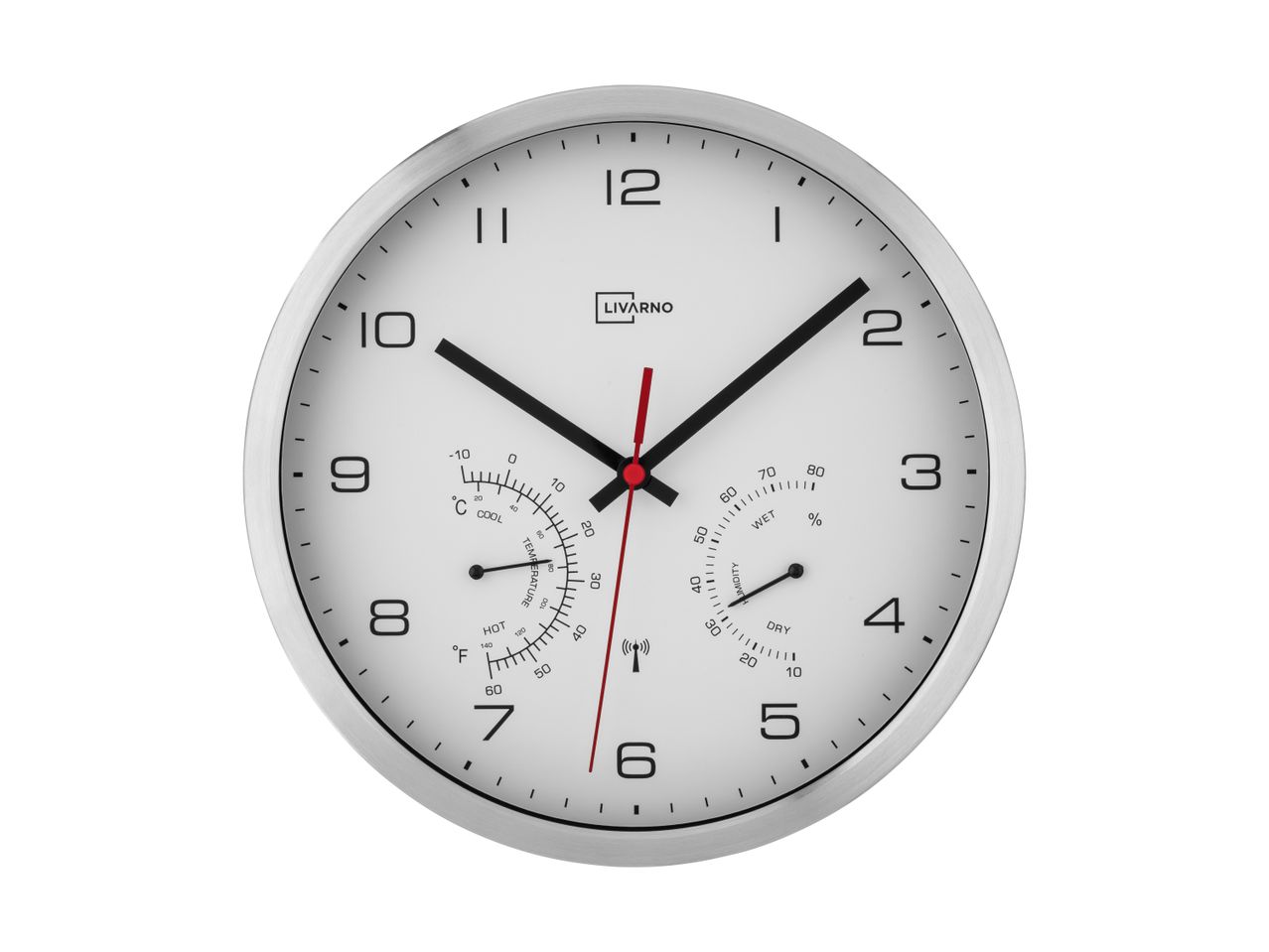 Wall clock with thermometer and hygrometer, showing 1:50 and temperature/humidity readings.