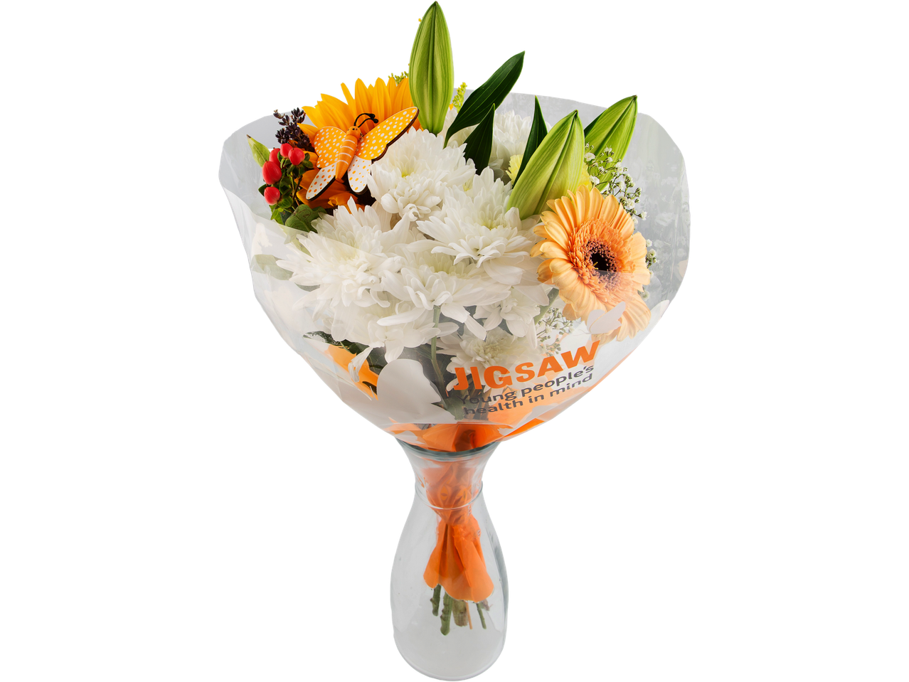 Jigsaw bouquet with gerberas, chrysanthemums and lilies.