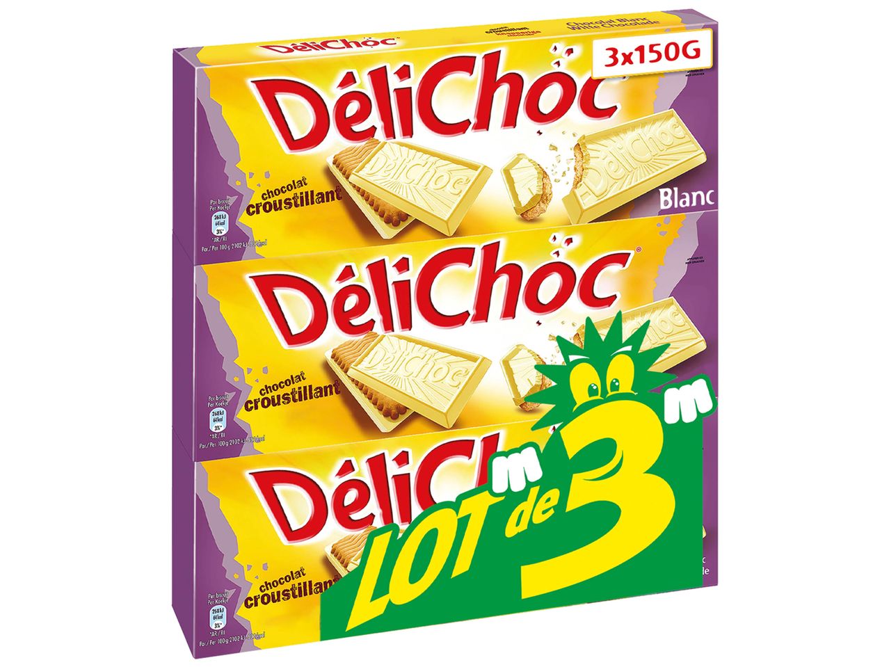 Trois tablettes de chocolat blanc DélicHoc avec biscuits croustillants.