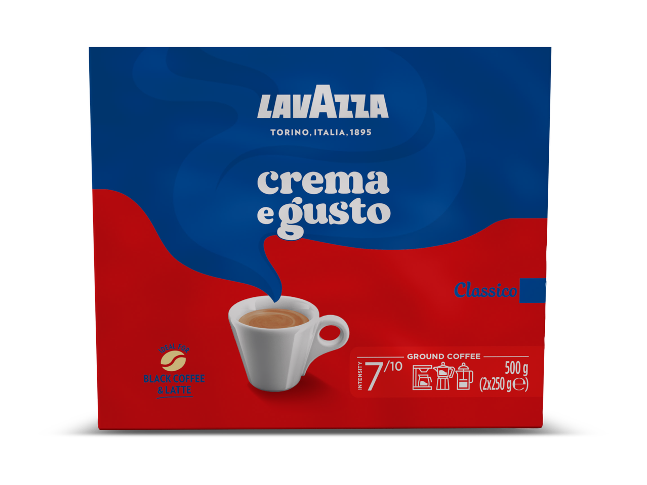 Verpakking gemalen koffie met een kopje koffie en de tekst 'crema e gusto'.