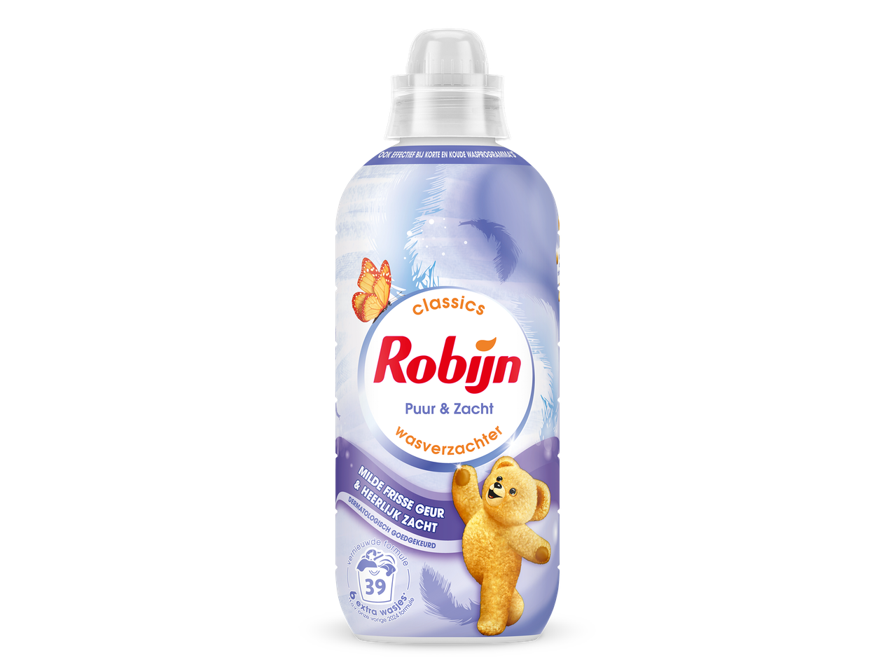 Fles wasverzachter met een teddybeer en vlinder, met de tekst 'Puur & Zacht' en 'Milde frisse geur & heerlijk zacht'.