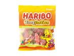 A bag of Haribo Tangfastics gummy candies in assorted fruit shapes and colors.