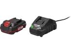 Baterie Parkside® X 20 V Team și încărcător, ambele negre cu accente roșii și verzi.