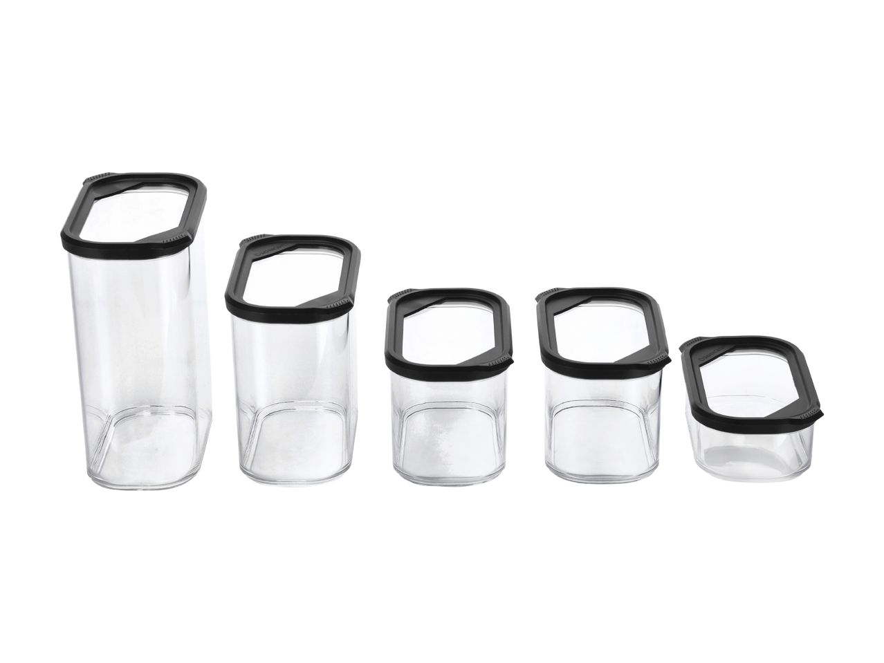 A set of five clear rectangular food storage containers with black lids, varying in height.