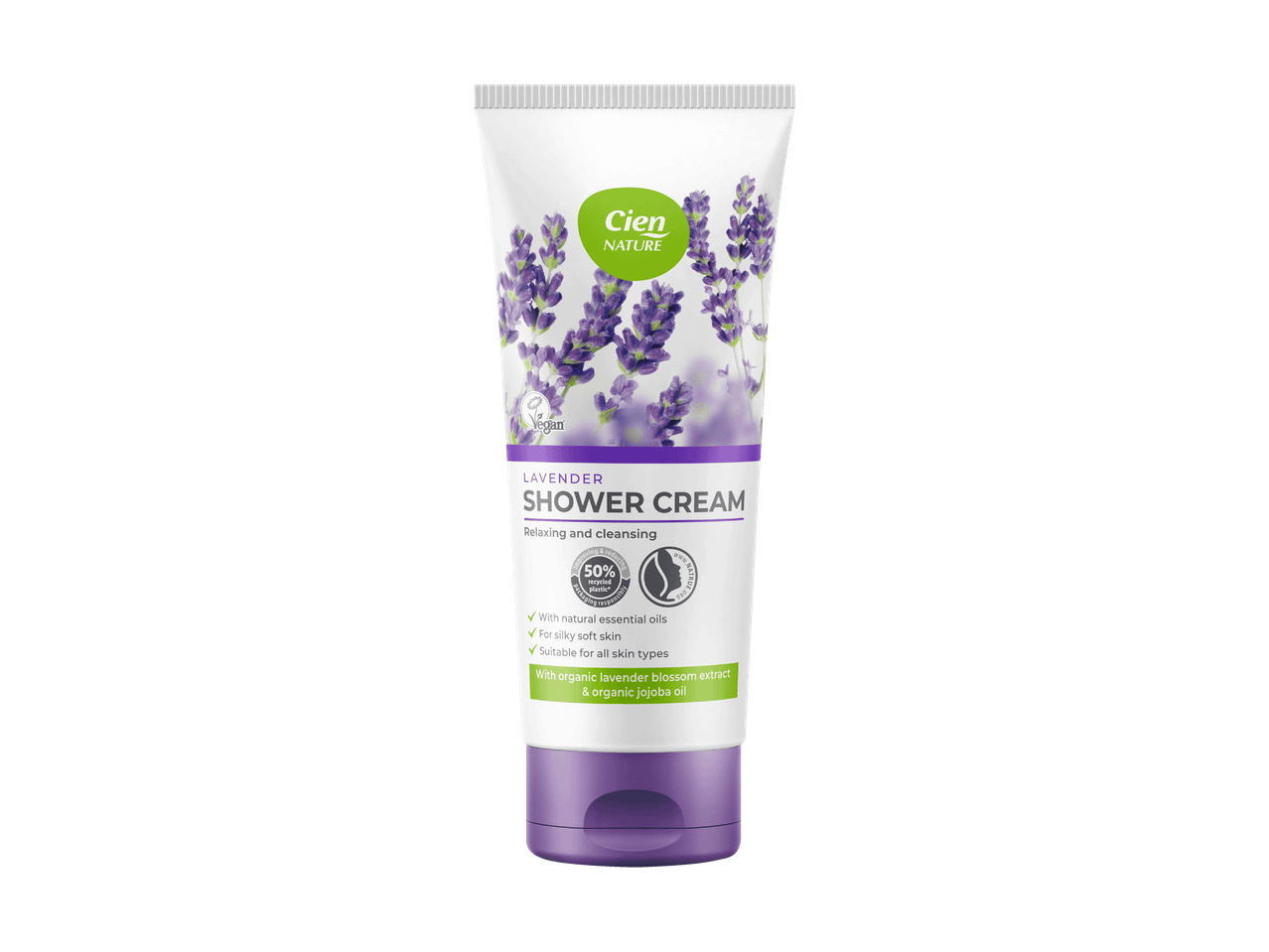 Un tube de Crème Douche Lavande Cien Nature avec des fleurs de lavande.