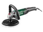 Електрическа полираща машина със зелен и черен корпус, сива глава и бял полиращ пад.