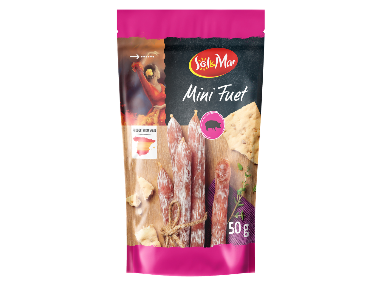 Verpakking voor mini fuet worsten uit Spanje, met een flamencodanseres en 50g gewicht.