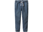 A pair of light blue denim joggers with white drawstrings.