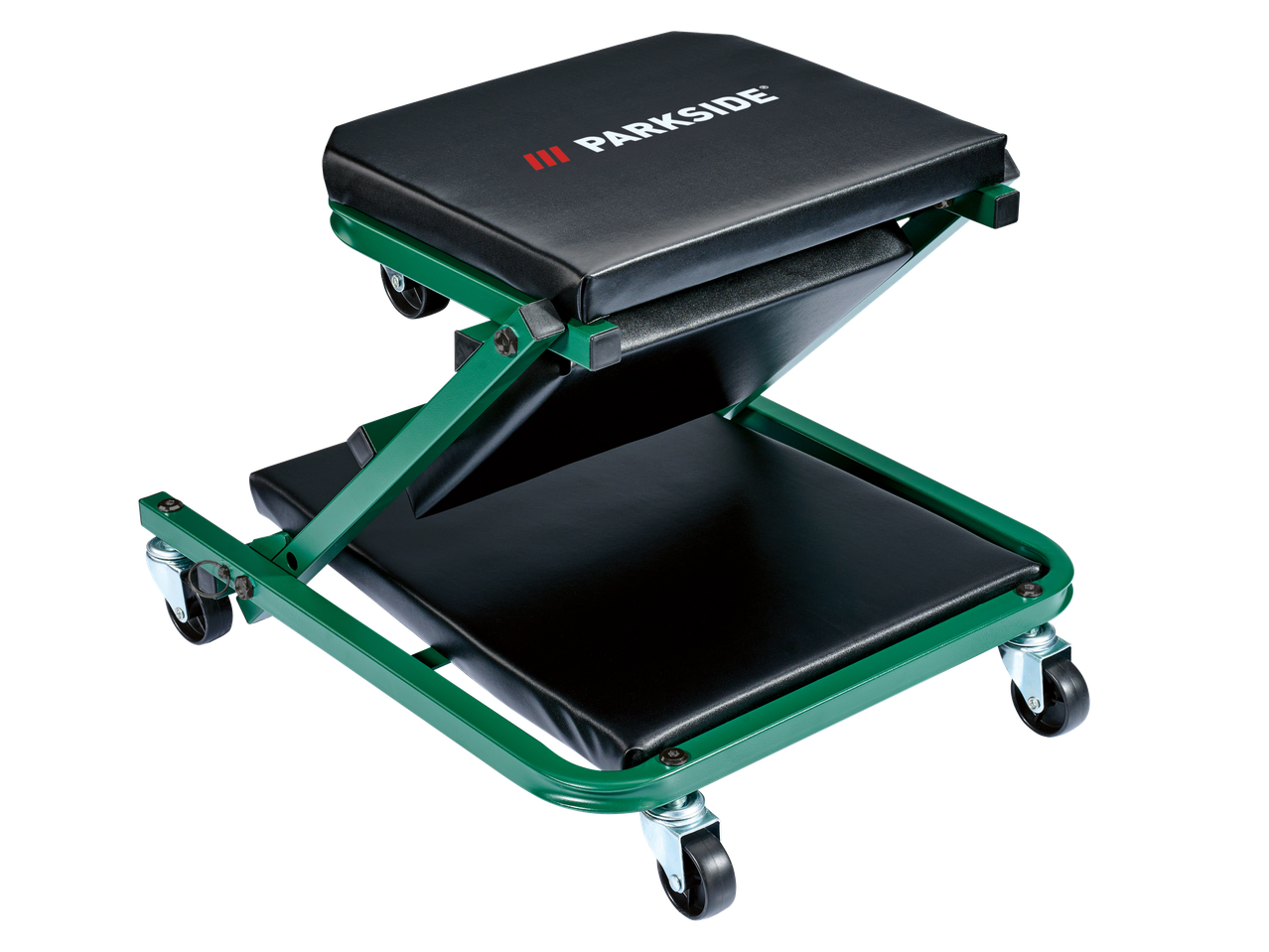 Parkside® 2-in-1 car creeper and stool, green and black, on a black background.