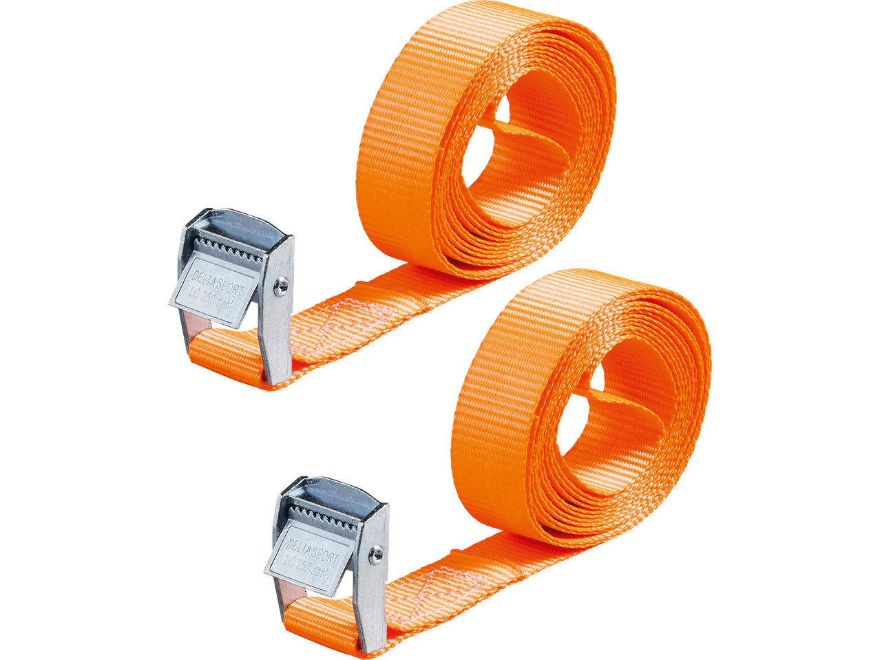 Two orange tie-down straps with metal buckles, one above the other.