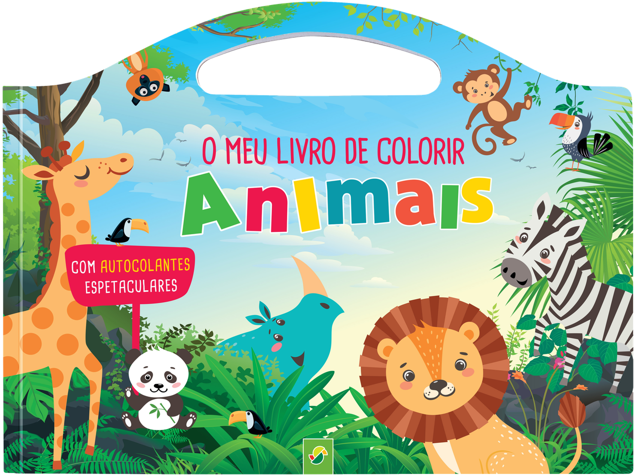 Livro de colorir infantil com autocolantes, apresentando vários animais da selva.