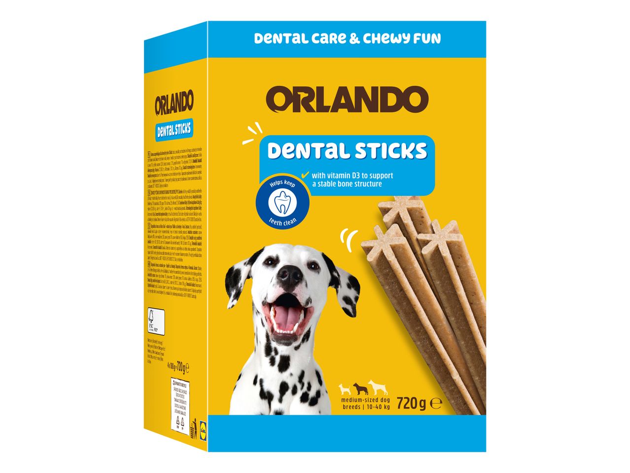 Škatla pasjih priboljškov Orlando Dental Sticks z dalmatincem in informacijami o izdelku.