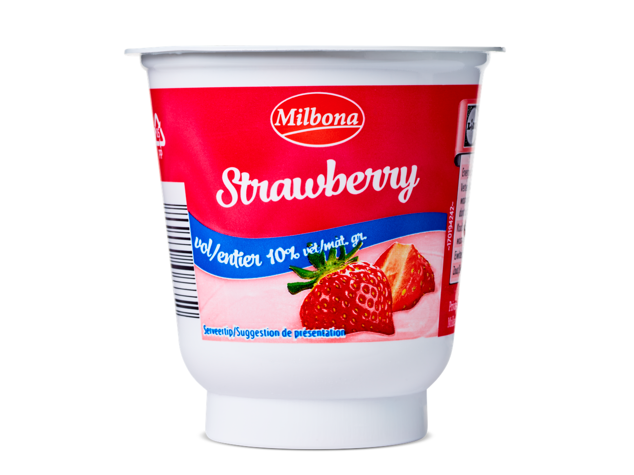 Milbona aardbeiyoghurt in een bekertje.