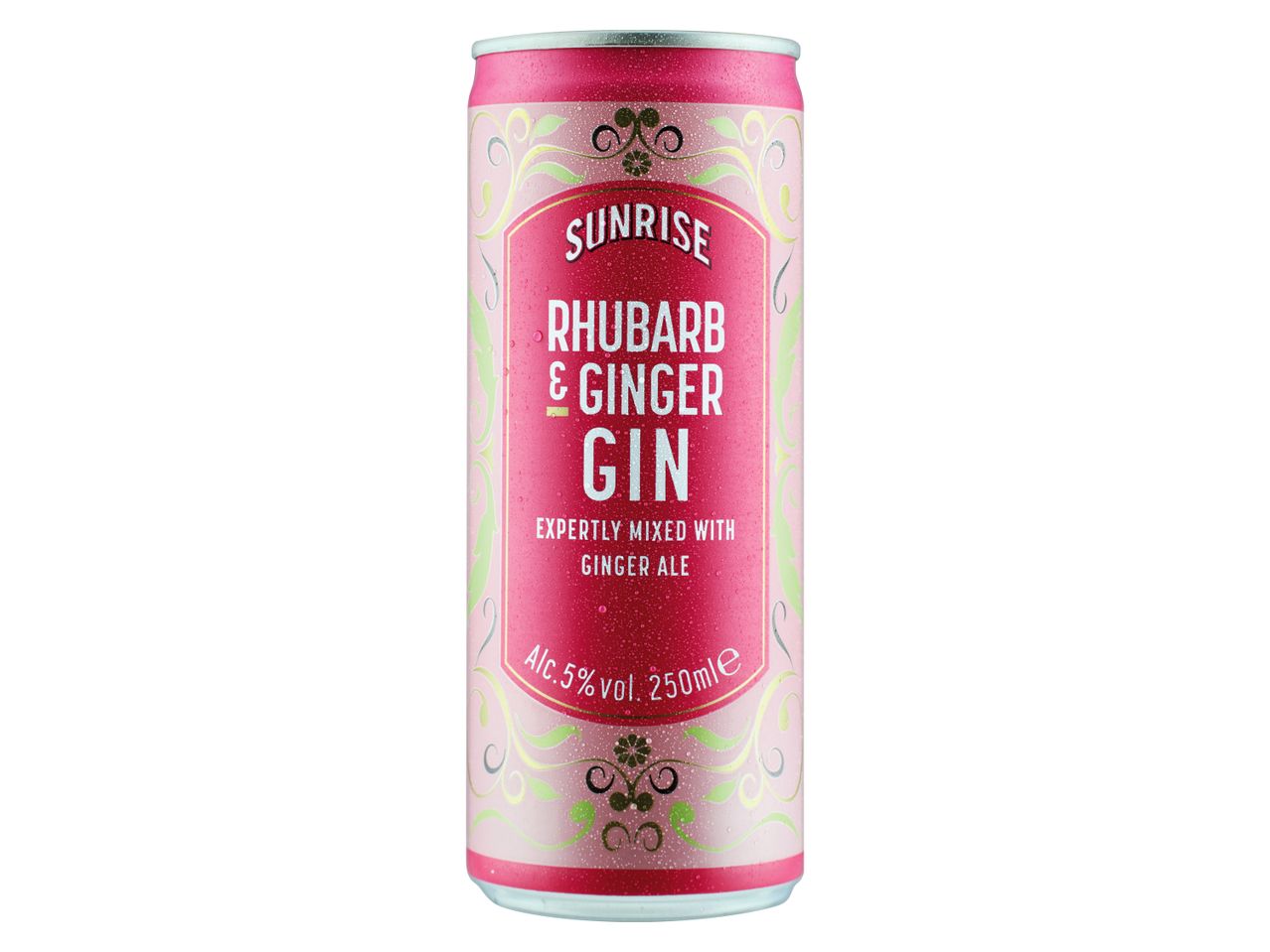 Sunrise Rhubarb & Ginger Gin, expertly mixed with ginger ale, in a 250ml can.