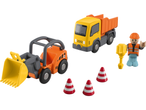 Statybinių žaislų rinkinys su ekskavatoriumi, savivarčiu, darbininku ir kelio kūgiais.