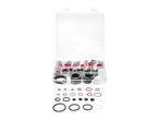 A clear plastic organizer box filled with various black, red, and clear O-rings and washers.