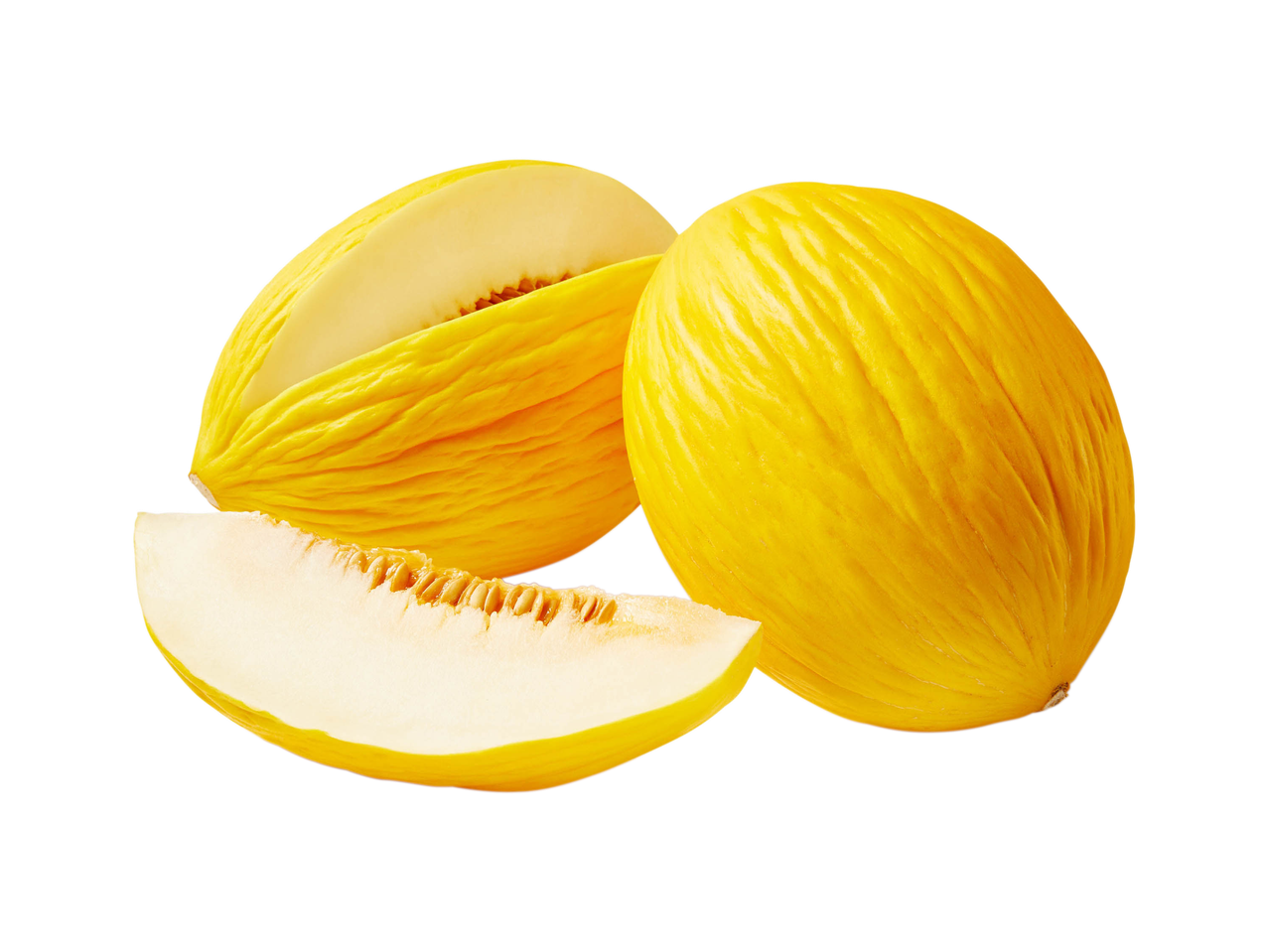 Two yellow honey melons, one whole and one sliced.