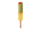 Gelado premium Gelatelli no palito com três sabores: vermelho, verde e amarelo.