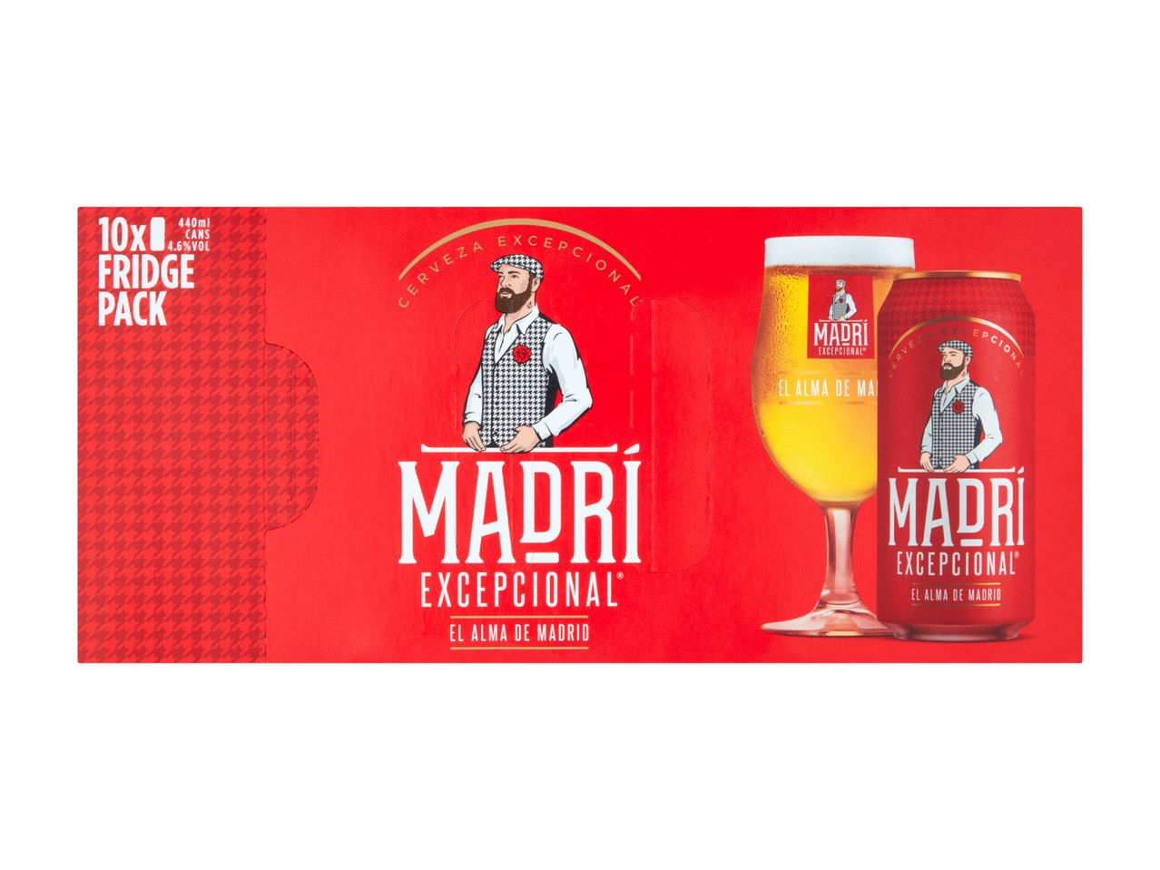 A 10-pack of Madrí Excepcional beer cans and a glass of beer on a red background.