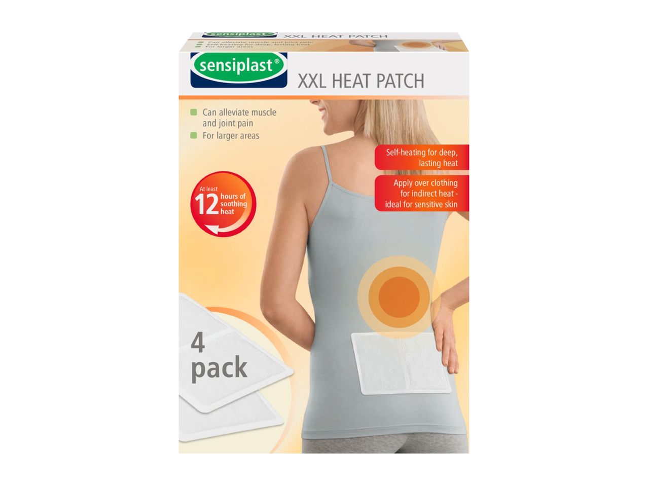 A box of Sensoplast XXL Heat Patches, showing a woman with a heat patch on her lower back, highlighting its features like 12 hours of soothing heat and suitability for sensitive skin.