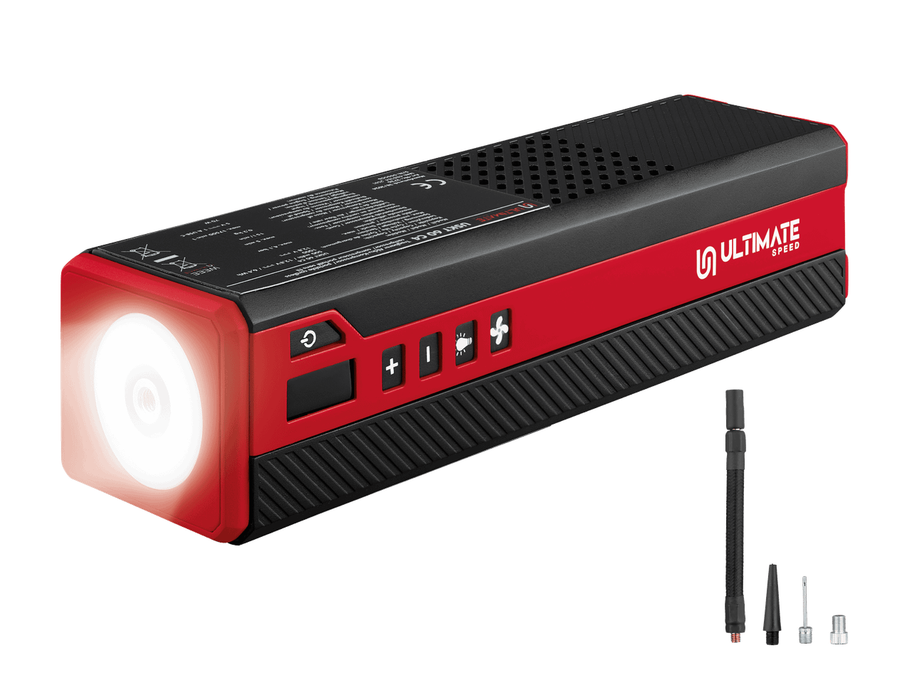 Ultimate Speed -akkukompressori, jossa on taskulamppu ja erilaisia suuttimia.