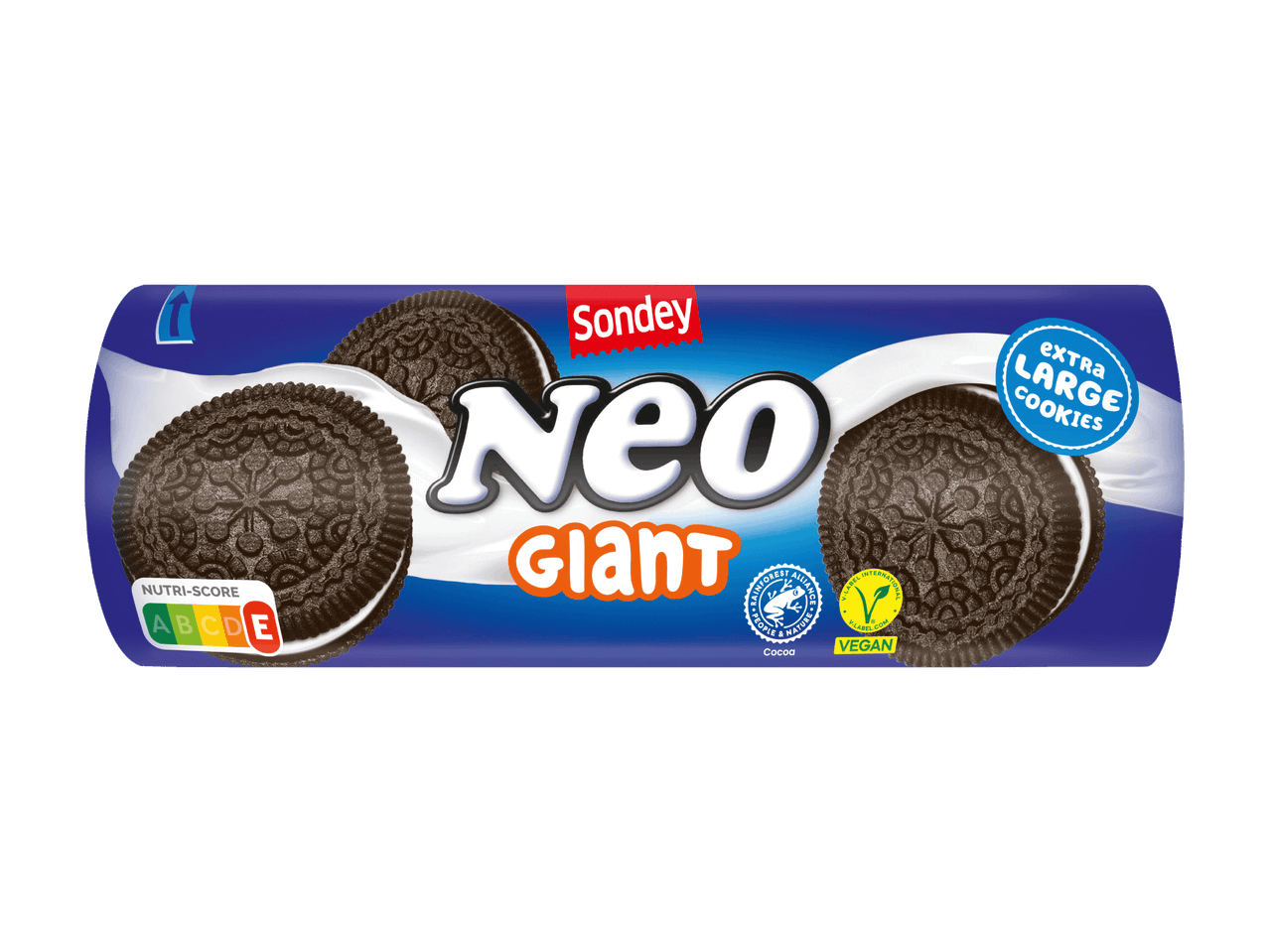 Packung mit extra großen Schokoladenkeksen mit Vanillefüllung, Nutri-Score E und veganer Zertifizierung.